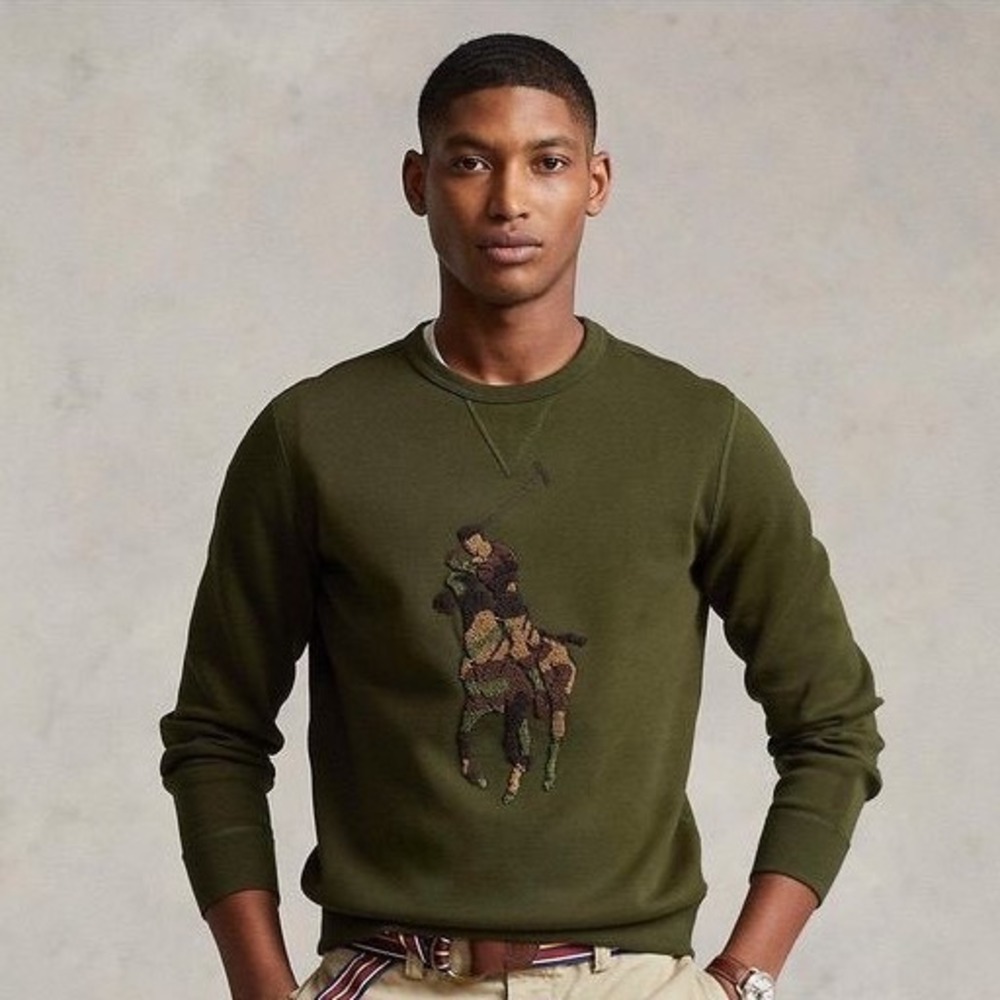 Polo Ralph Lauren Men Big Pony Double Knit Olive Green Camo Chenille Sweatshirt